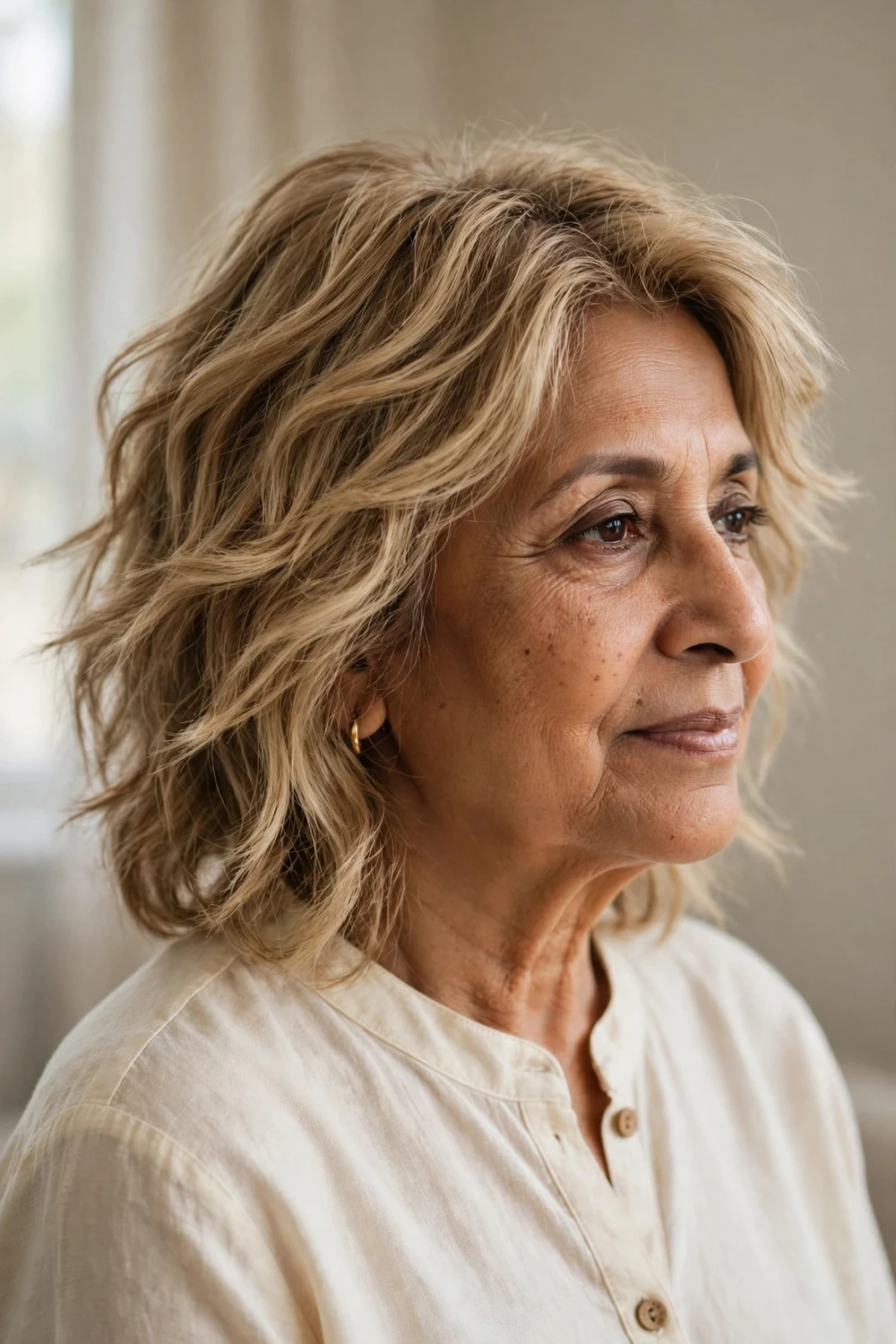 Woman over 60 with a shoulder-skimming choppy lob in sandy blonde hair