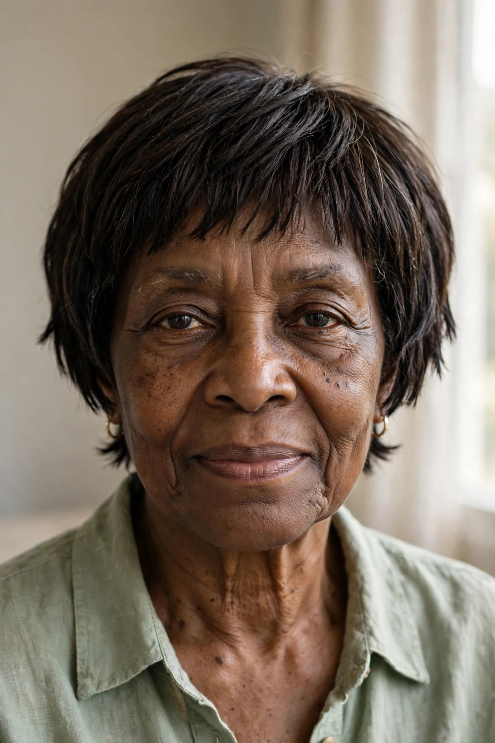 Woman over 60 with a micro choppy bob in glossy dark brown hair
