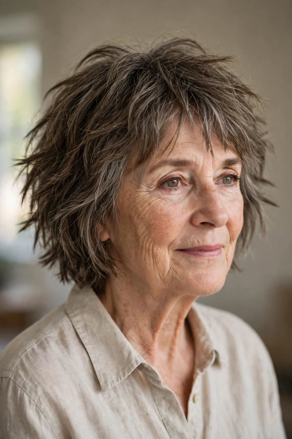 Woman over 60 with a shaggy choppy bob with jagged layers in gray-brown hair