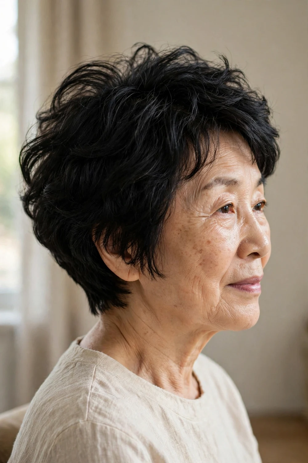 Woman over 60 with a short stacked choppy bob in black hair