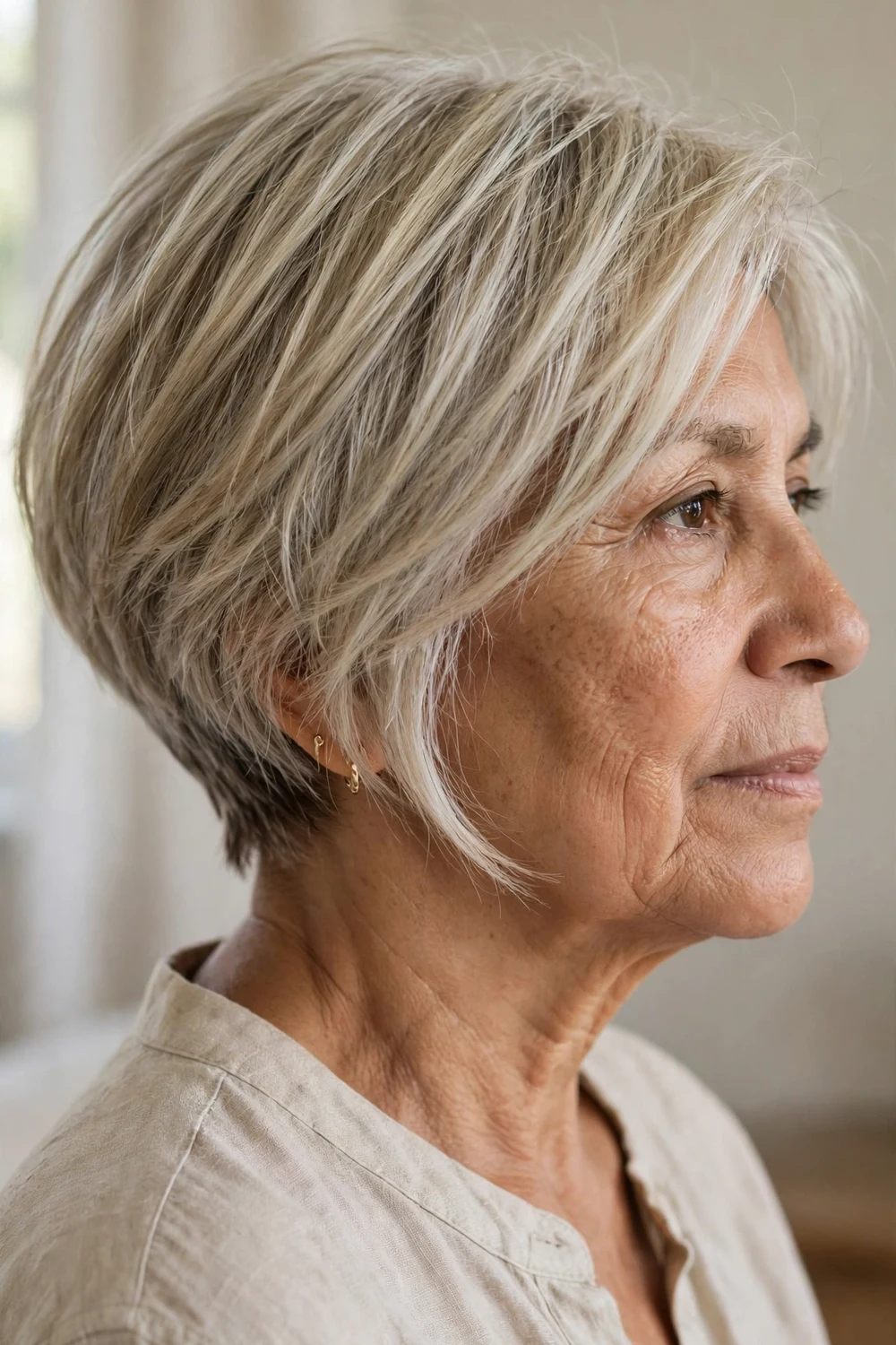 Woman over 60 with an angled choppy bob in ash blonde hair