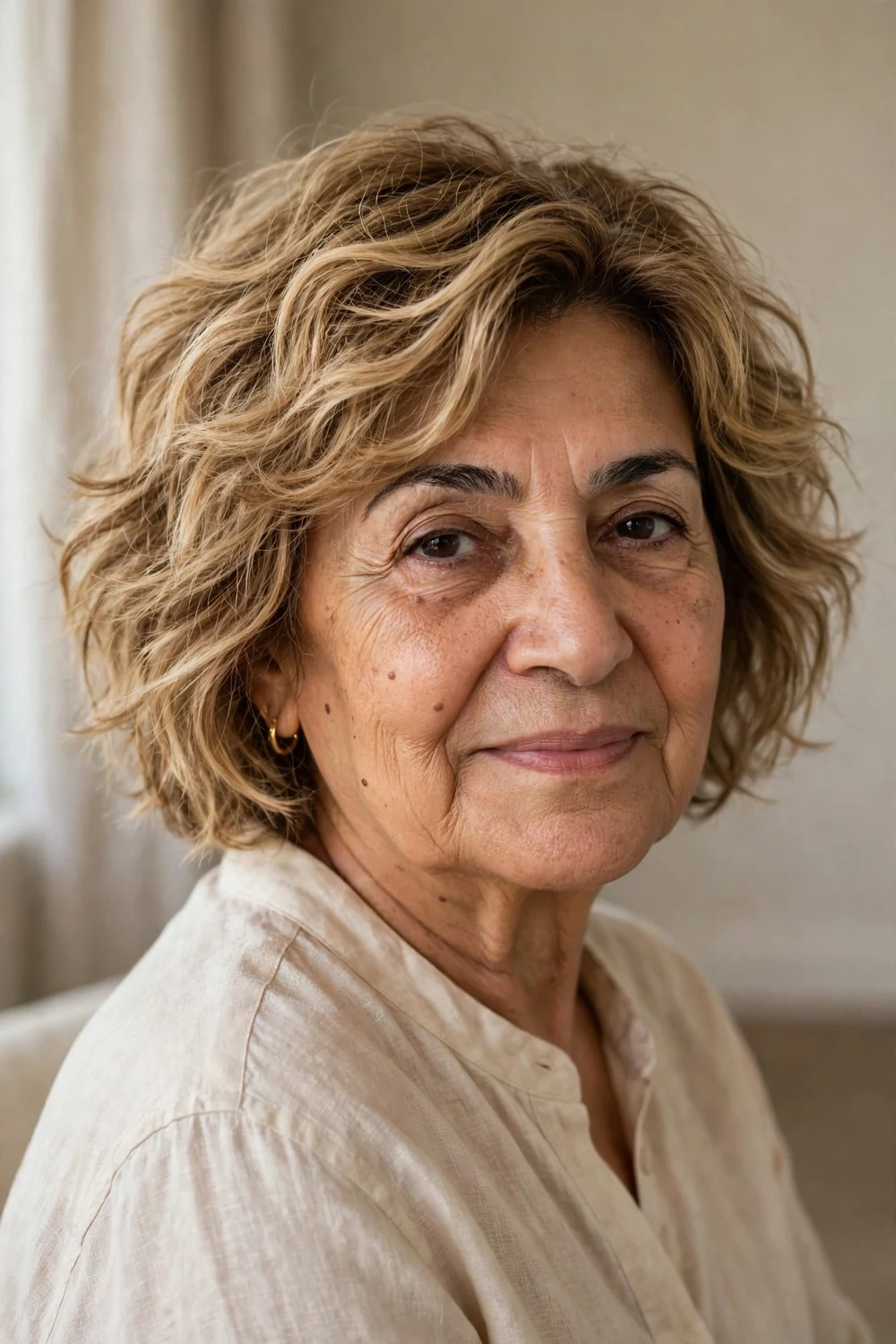 Woman over 60 with a textured wavy choppy bob in honey blonde hair