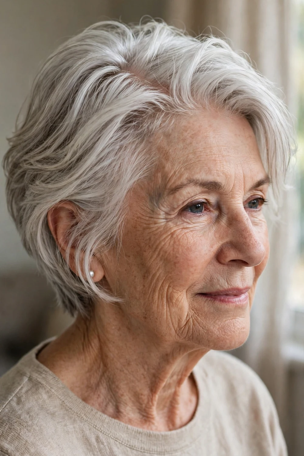 Woman over 60 with a swept-back silver choppy bob with natural gray hair