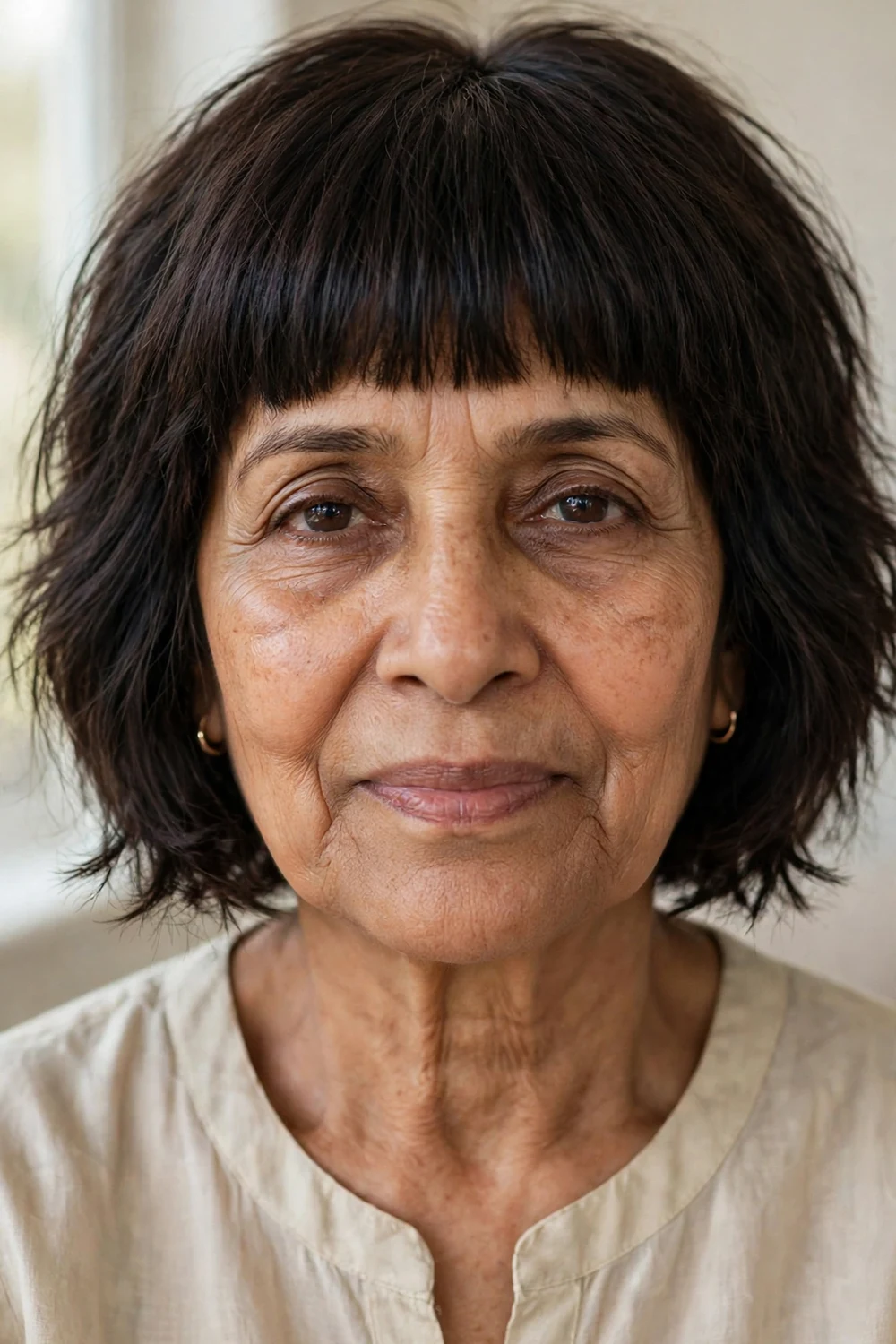 Woman over 60 with a choppy bob and full fringe in deep brunette hair