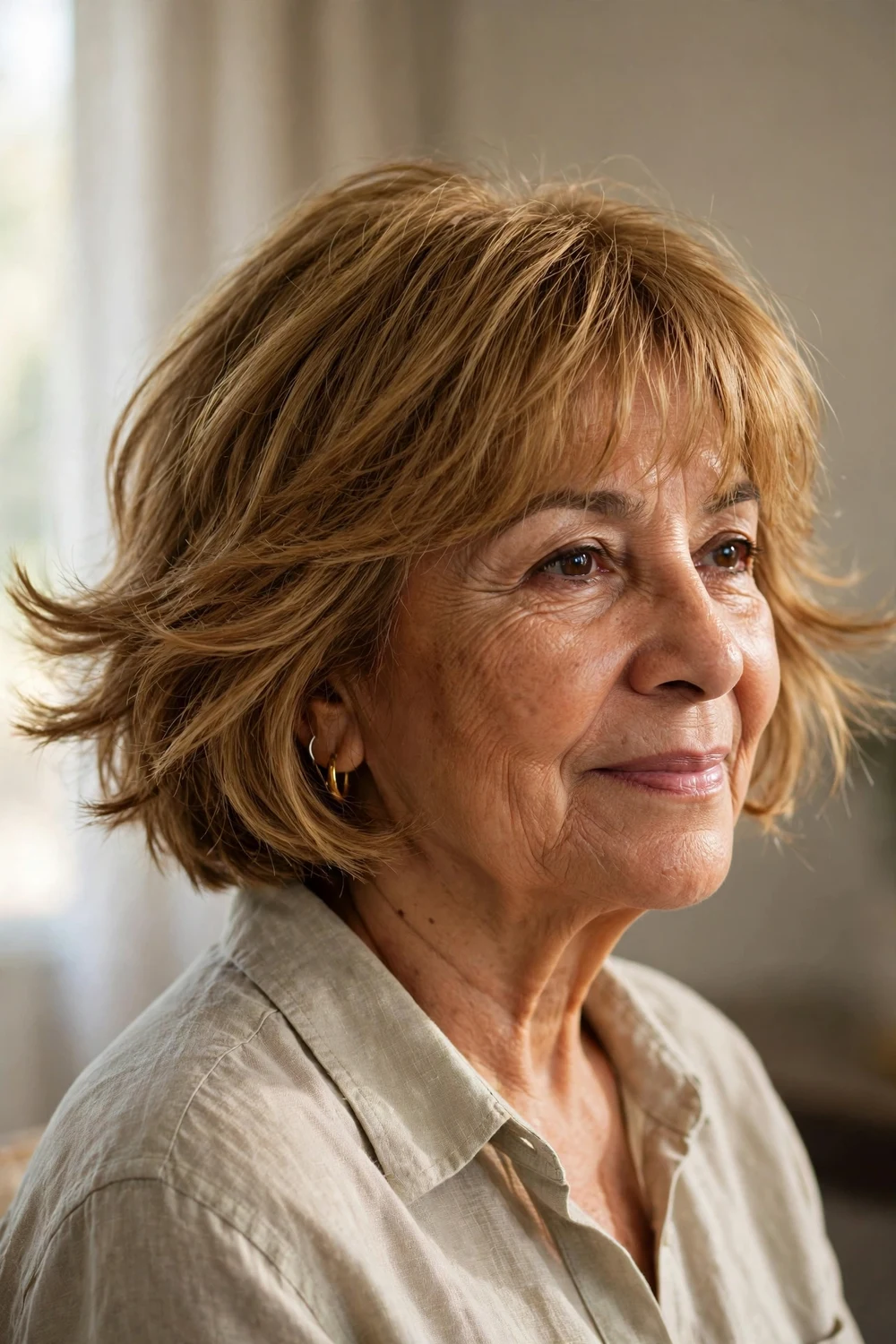 Woman over 60 with a choppy flippy bob with outward flipped ends and wispy bangs
