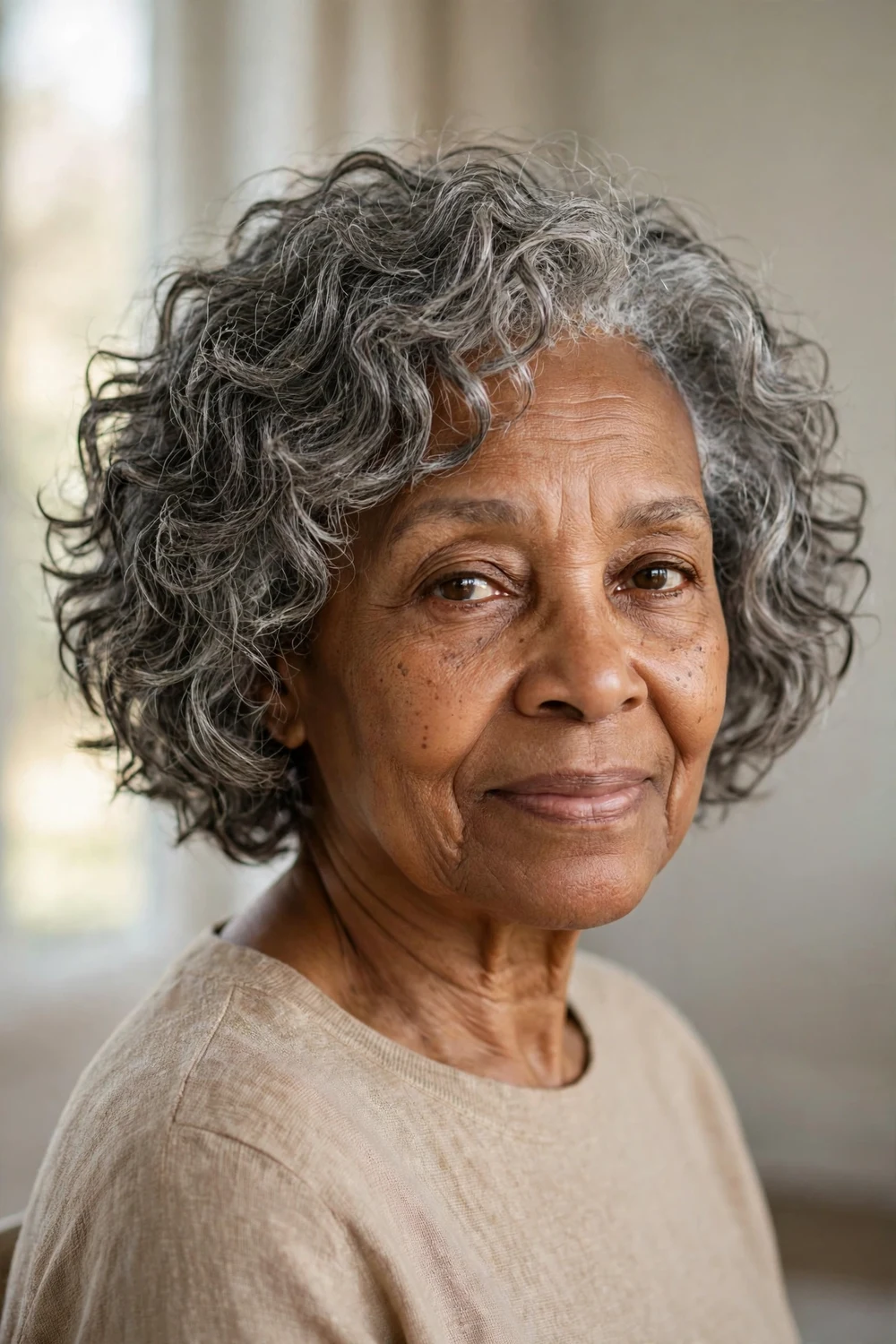 Woman over 60 with a curly choppy bob in natural gray curls
