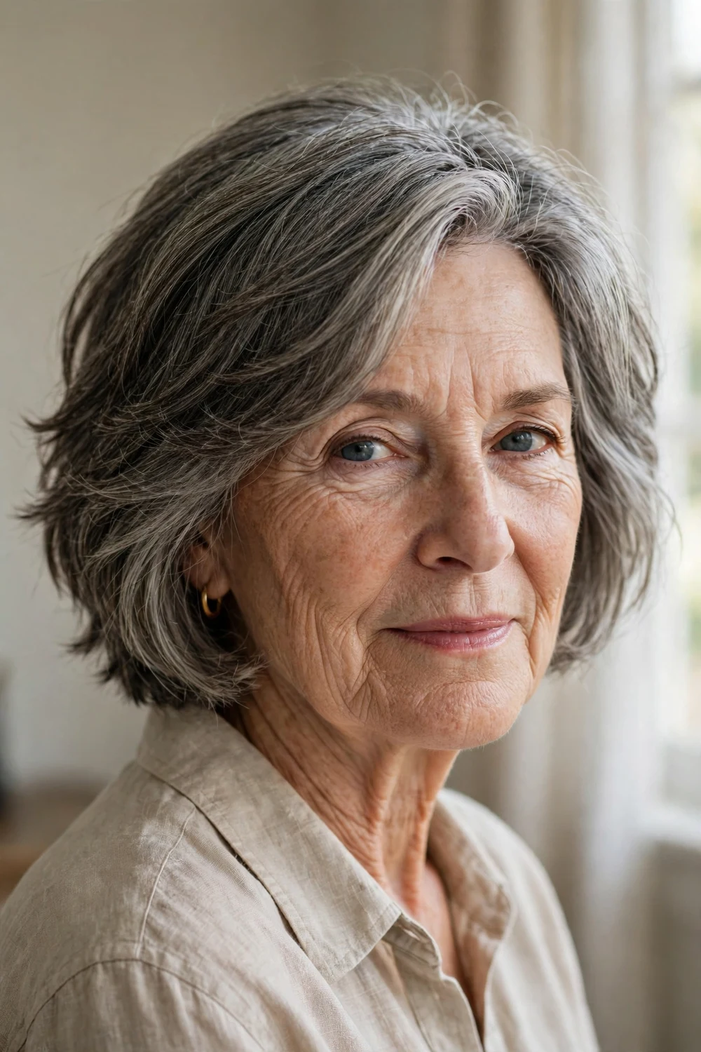 Woman over 60 with a deep side-part choppy bob in salt-and-pepper hair