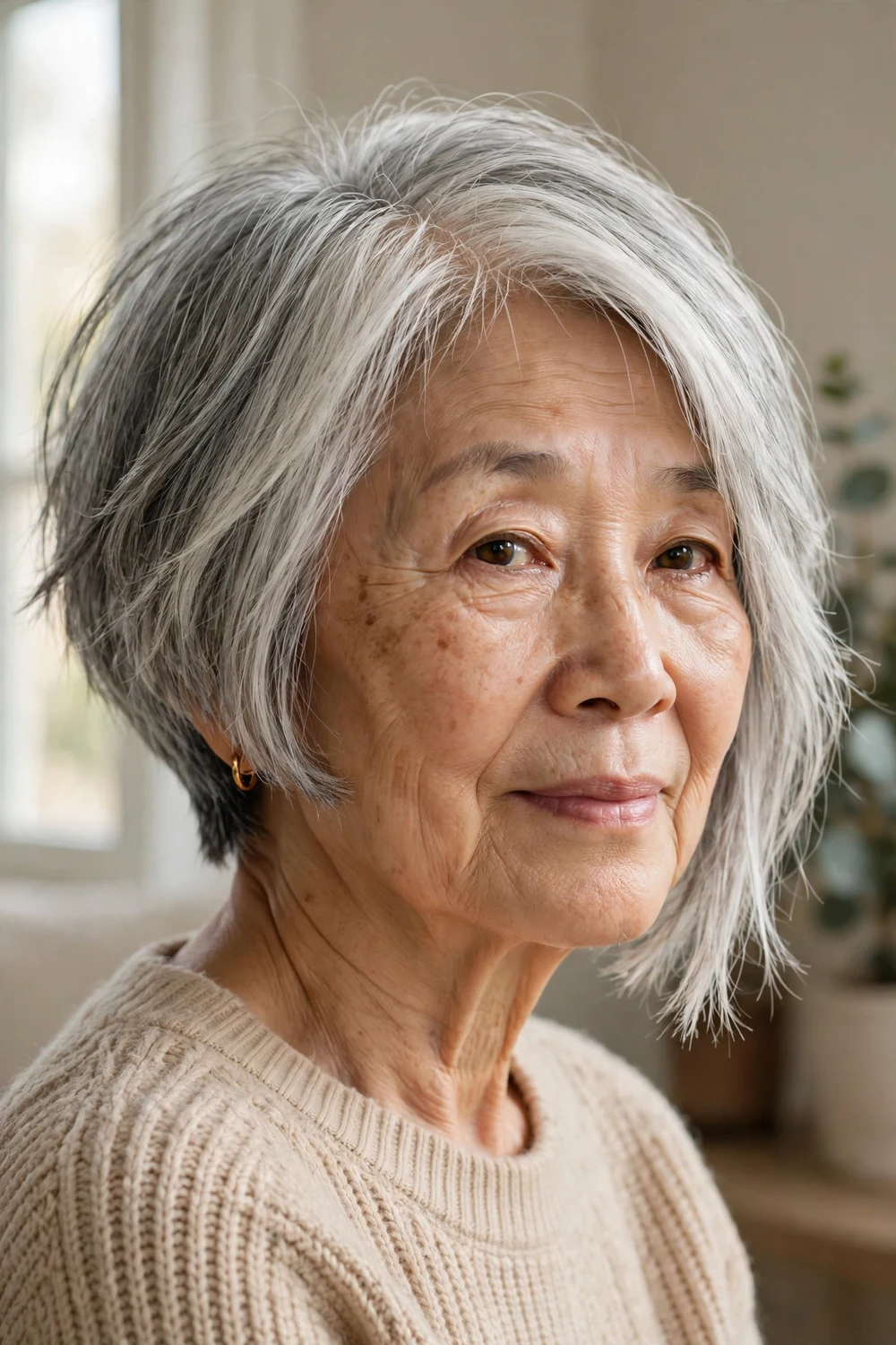 Woman over 60 with an asymmetric choppy bob, one side longer than the other