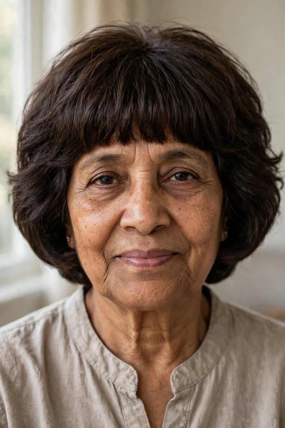 66-year-old South Asian woman with dark brown rounded choppy bob and full bangs, front view