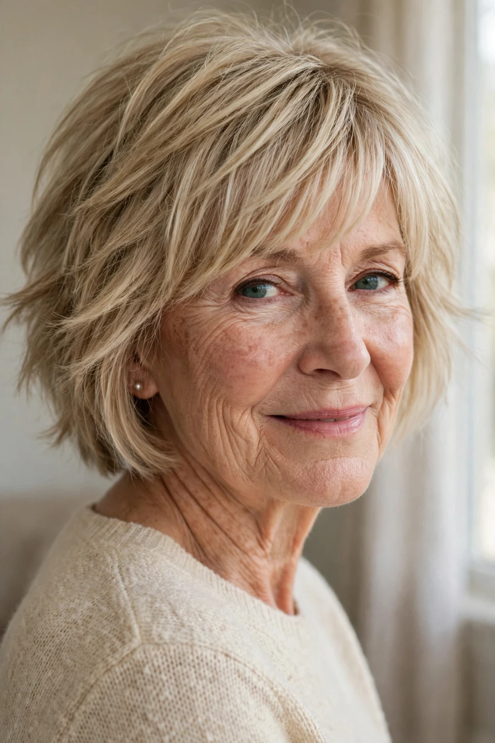 62-year-old Caucasian woman with beige blonde choppy bob and side-swept bangs, three-quarter view