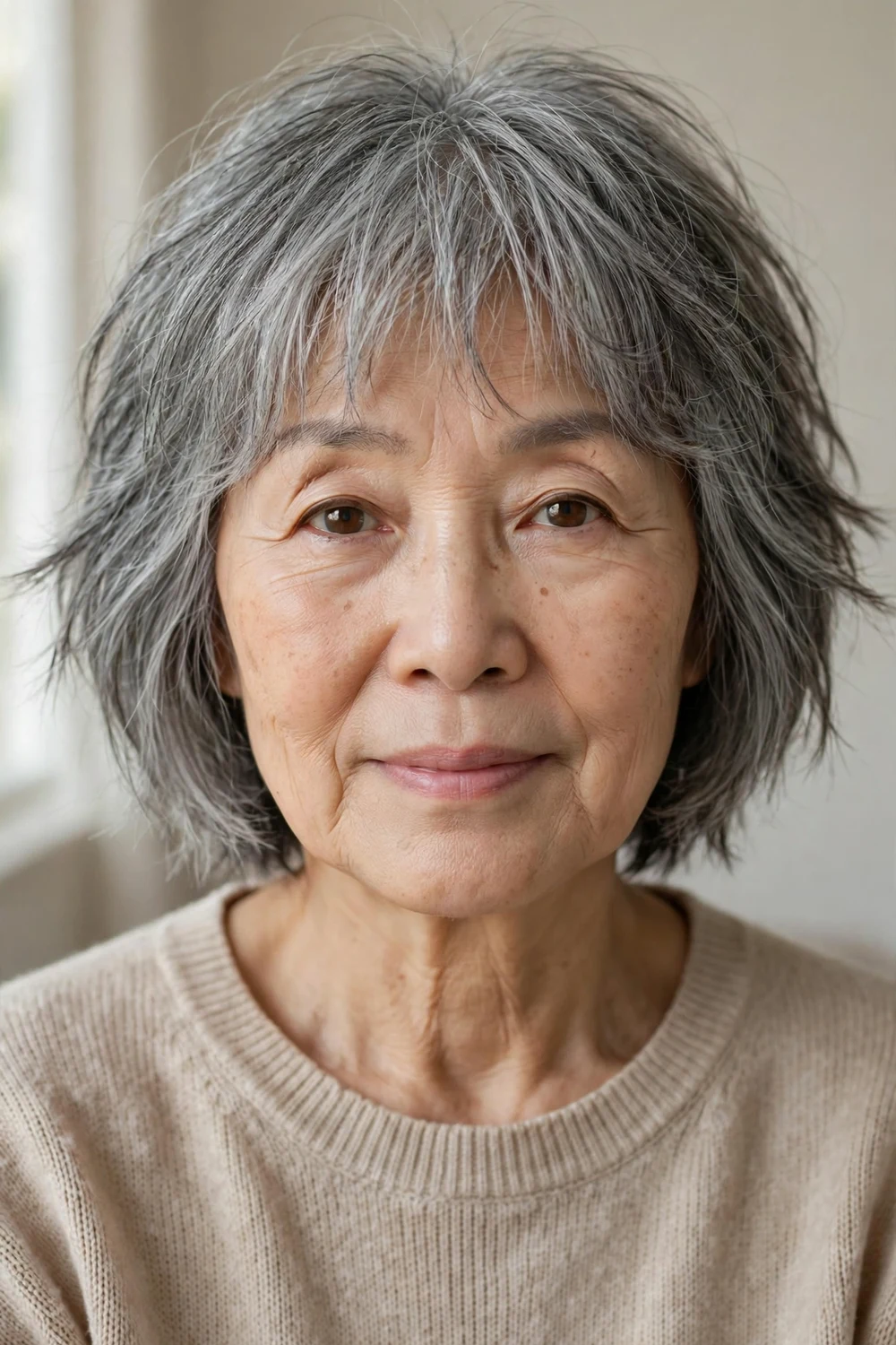 67-year-old East Asian woman with gray choppy bob and wispy bangs, front view