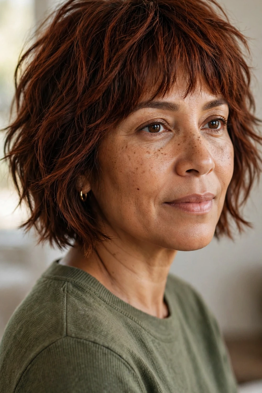 Choppy bob paired with textured choppy bangs