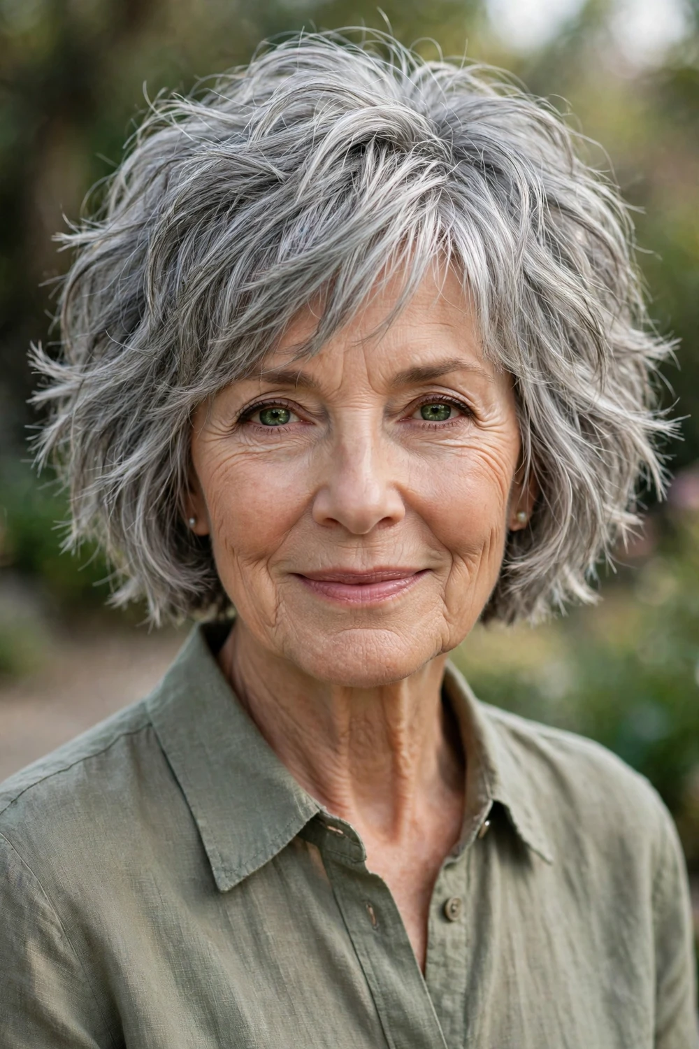 Choppy textured bob with bangs for women over 70