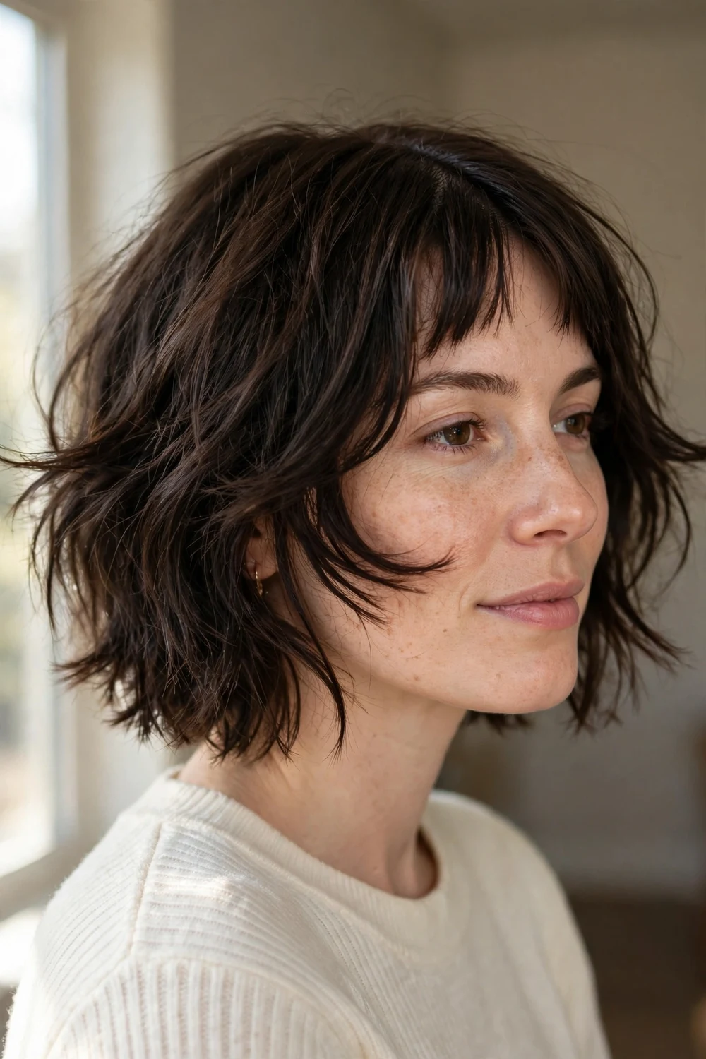 Woman with choppy textured bottleneck bob