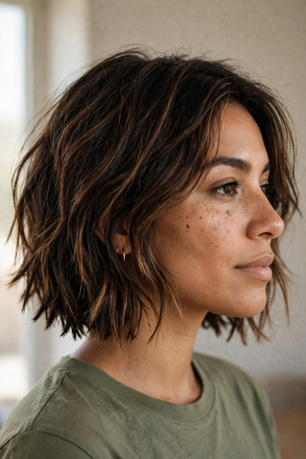 Woman with highlighted dark brown hair in a choppy chin-length bob