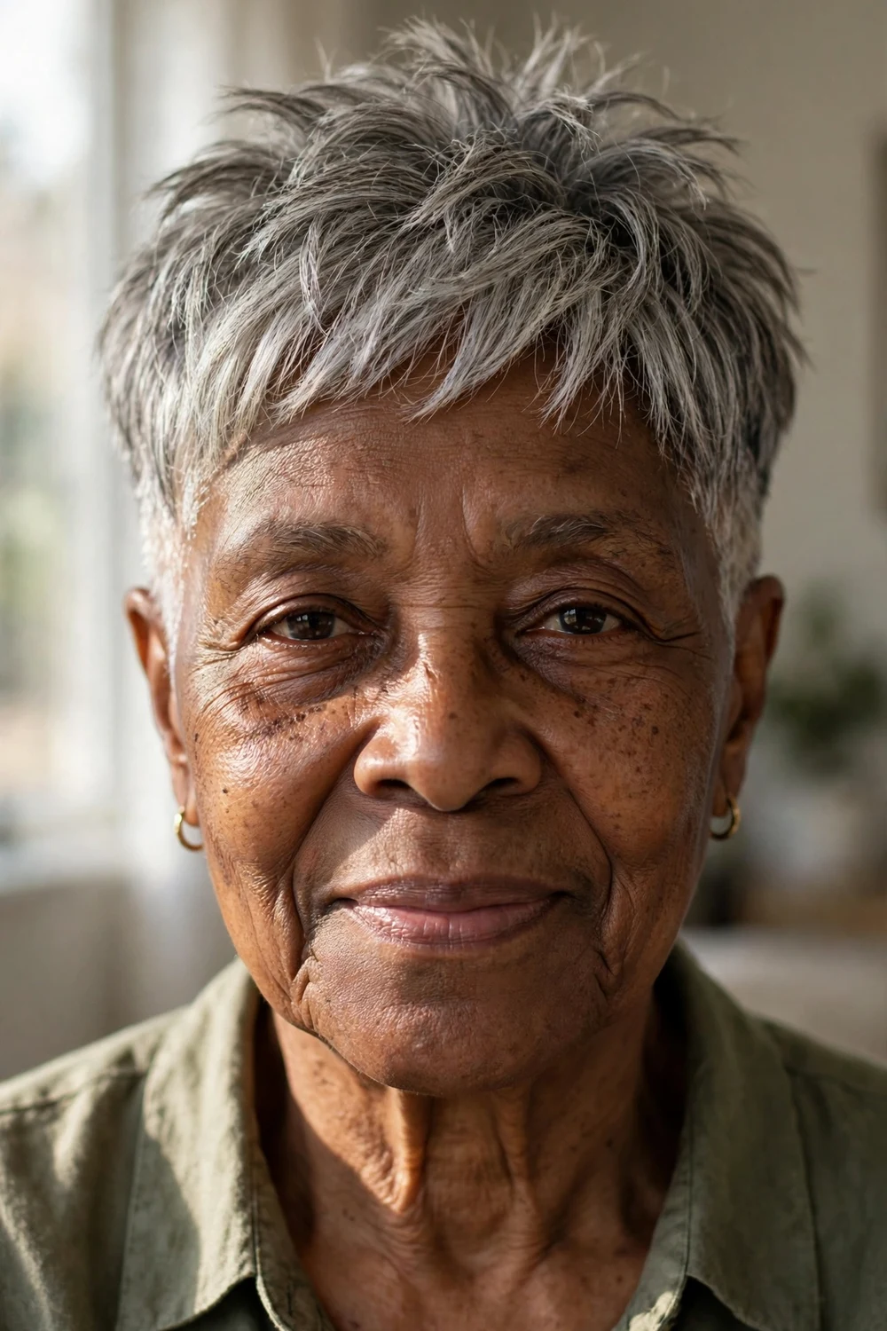 72-year-old Black woman with natural gray short choppy crop, front view