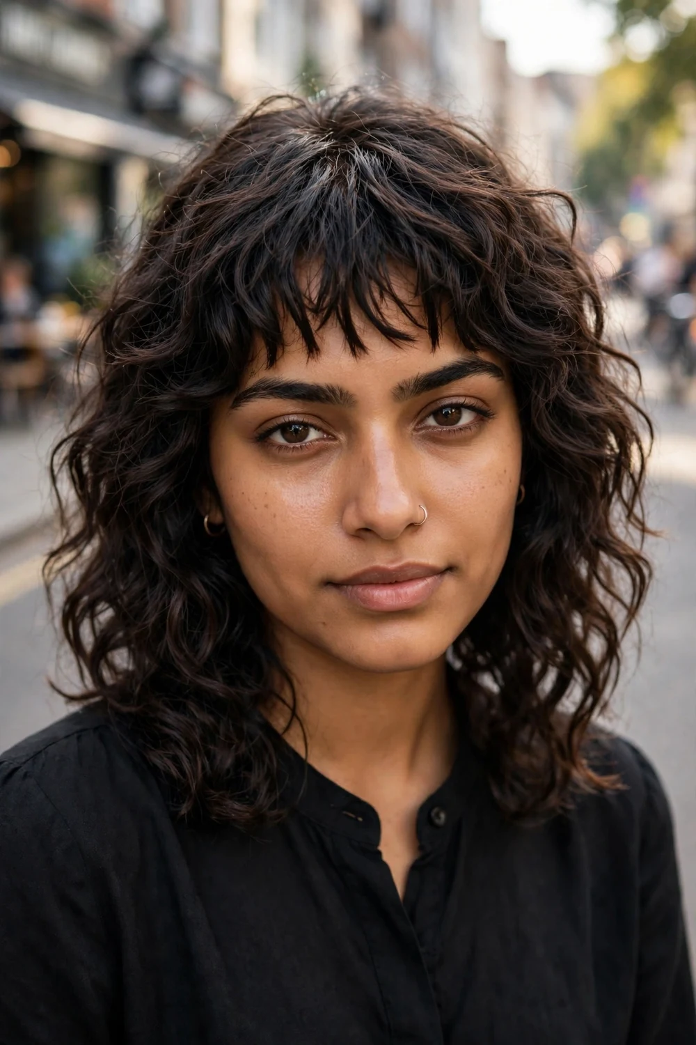 Young woman with an oval face wearing shoulder-length curls with choppy textured curly bangs
