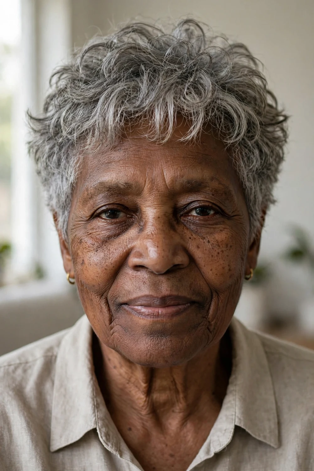 65-year-old Black woman with tousled natural gray curly crop, front view