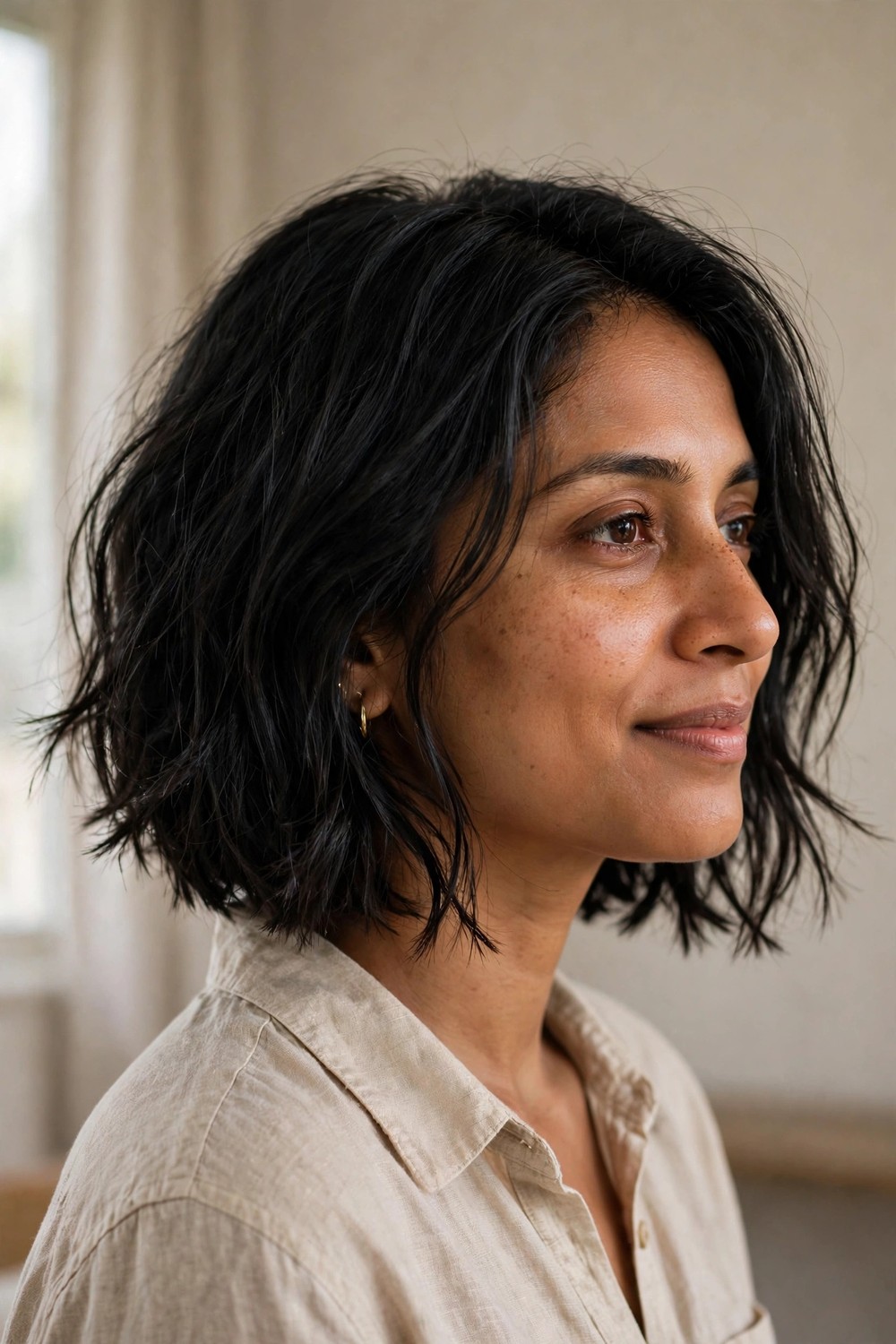 Chin-length bob with softly chipped choppy ends on black fine hair
