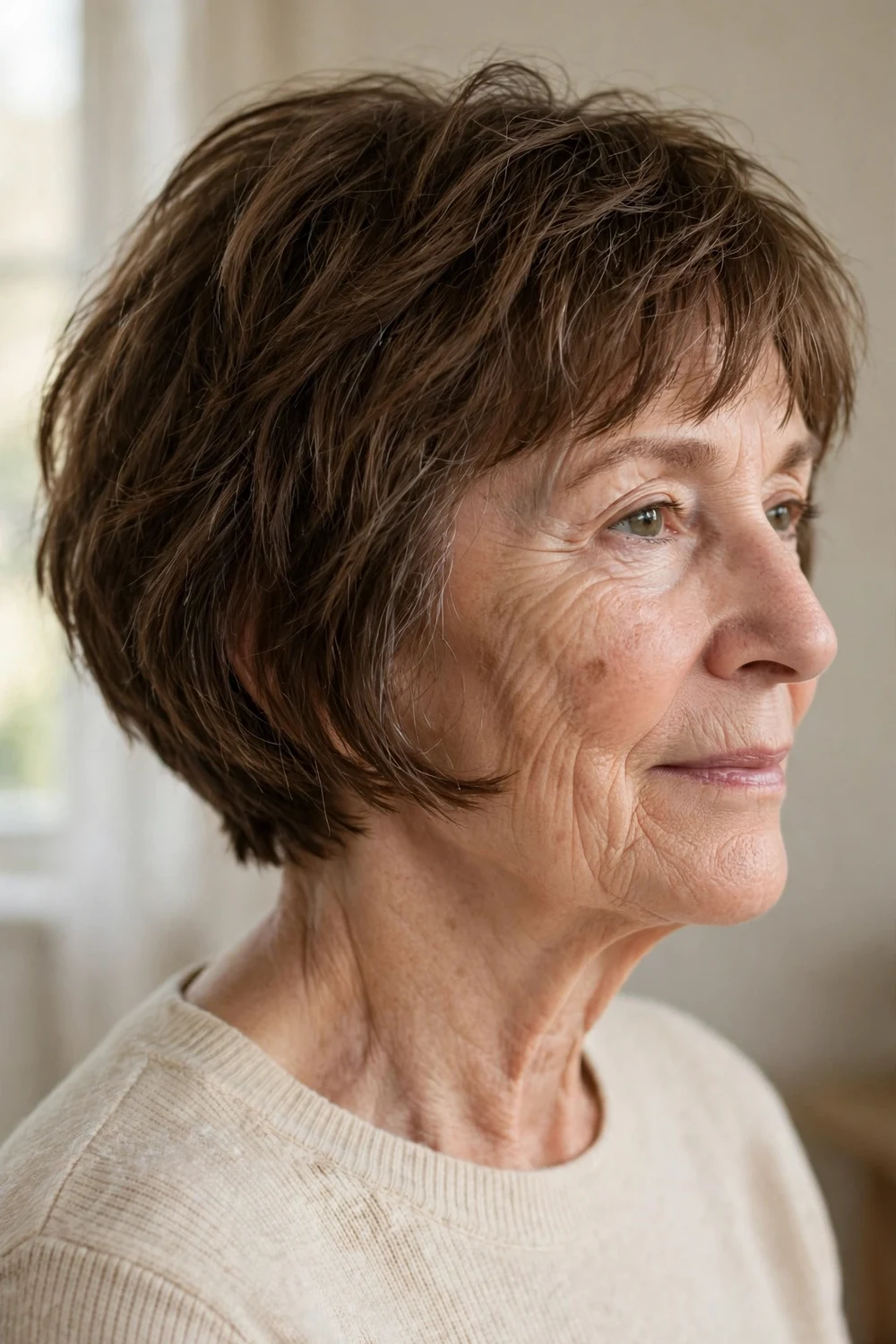 64-year-old Caucasian woman with medium brown textured choppy French bob, side view