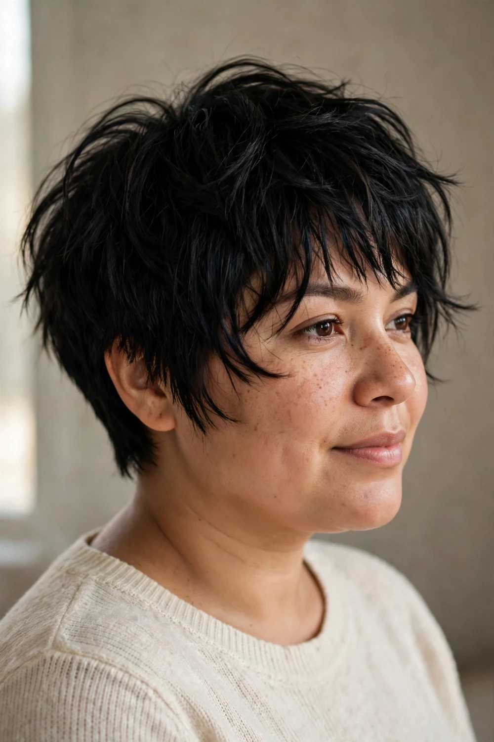Woman with round face wearing a pixie bob with longer front pieces and a choppy fringe