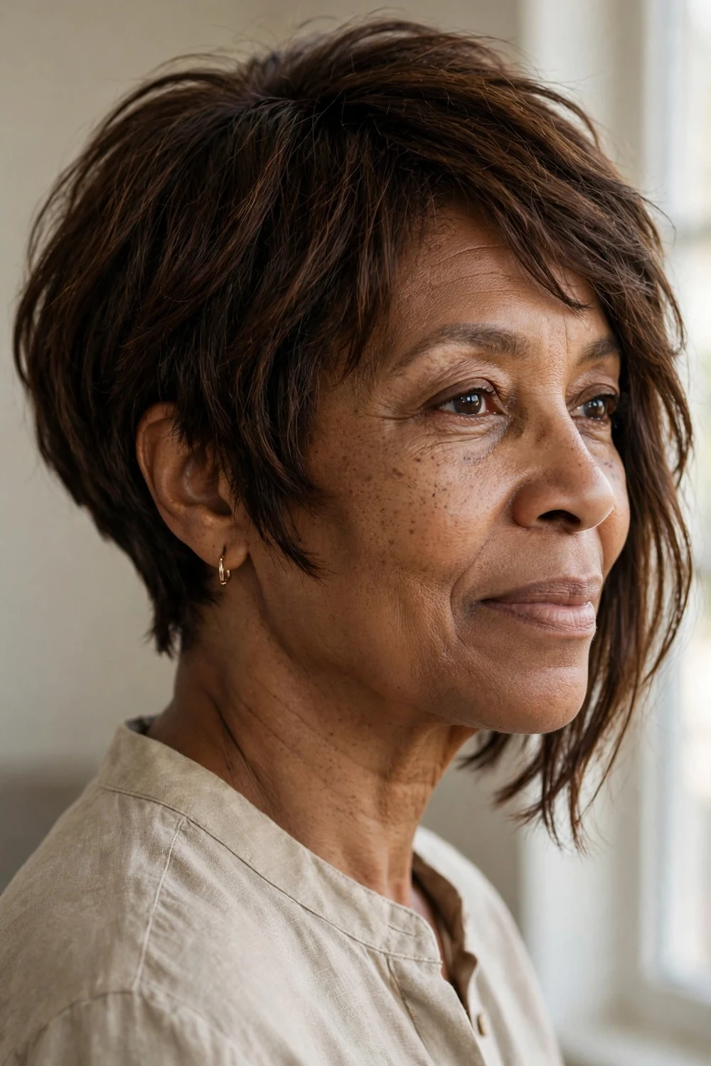 57-year-old Black woman with espresso brown choppy inverted bob, side view