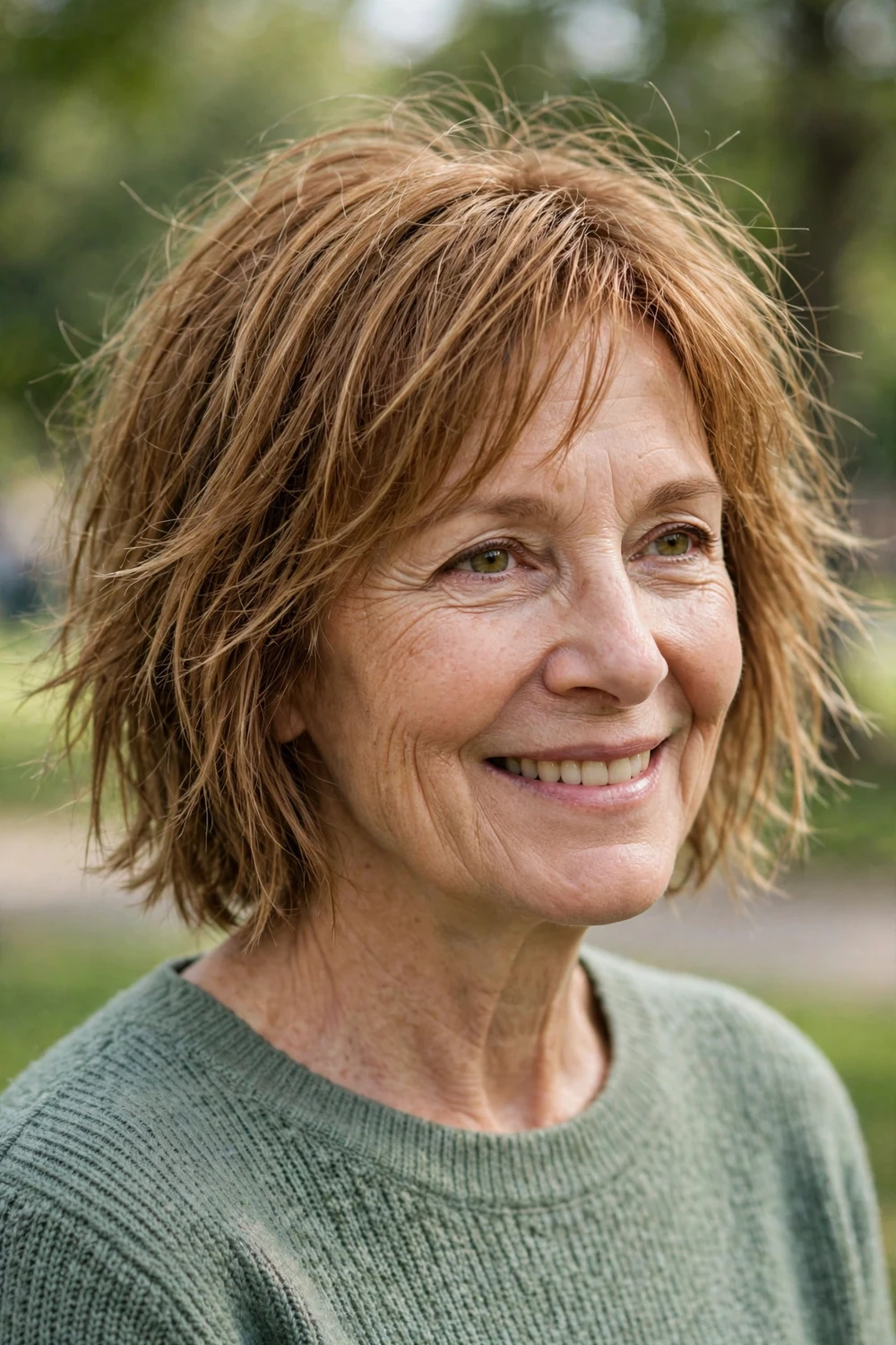 Woman over 50 with a choppy layered bob haircut on thin hair