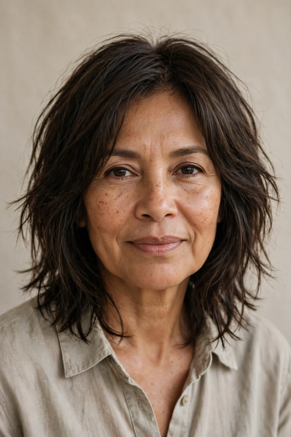 Woman in her 50s with a choppy layered lob haircut with piecey texture for thin hair