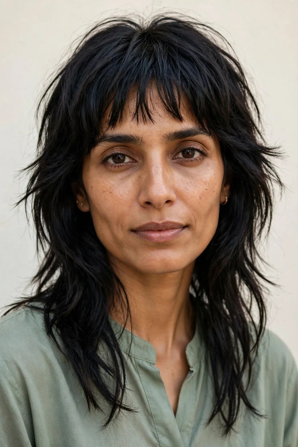 South Asian woman in her early thirties with an oblong face and long black hair with choppy layers and a piecey fringe