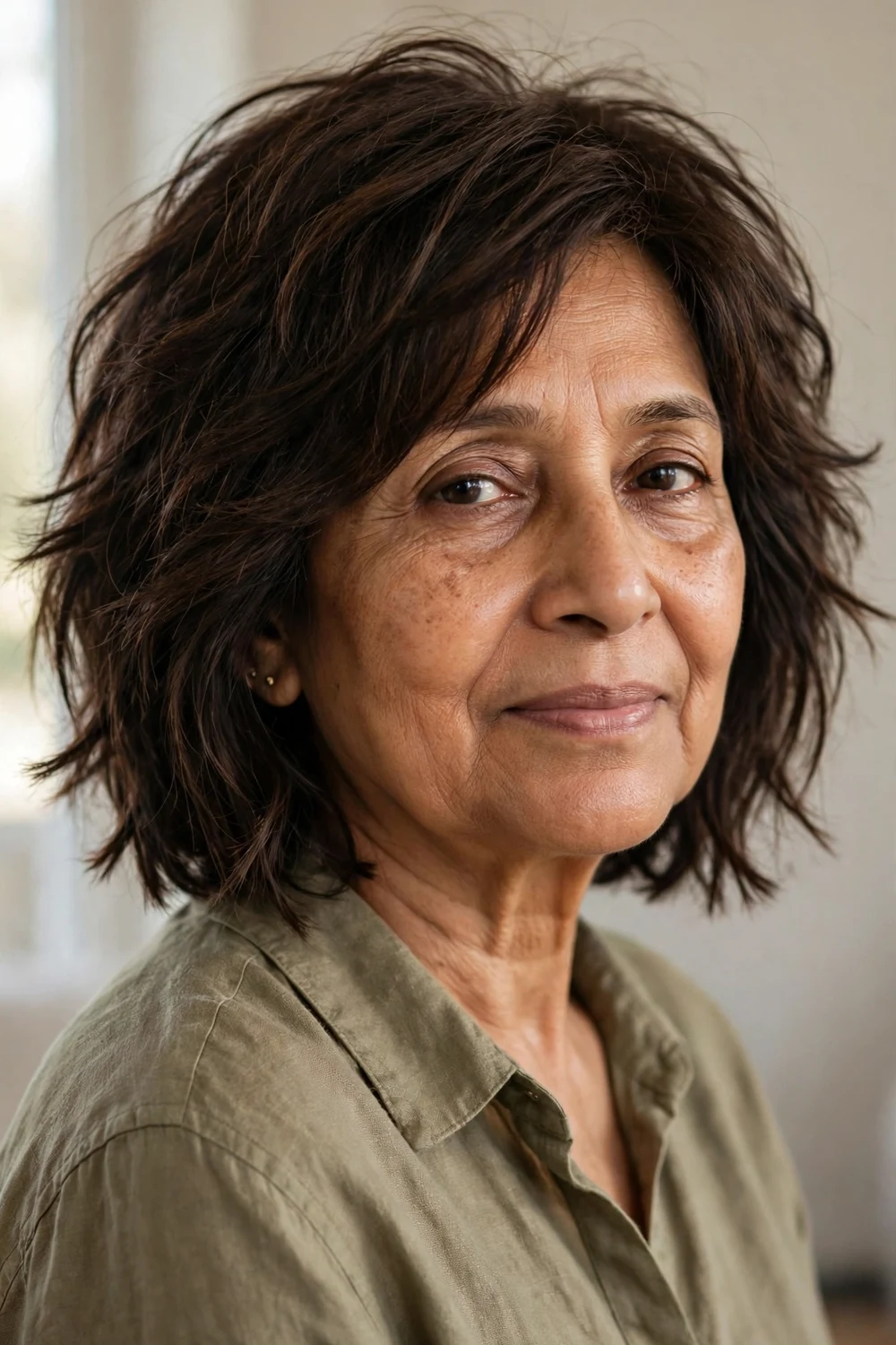 61-year-old South Asian woman with dark brown choppy lob, three-quarter view