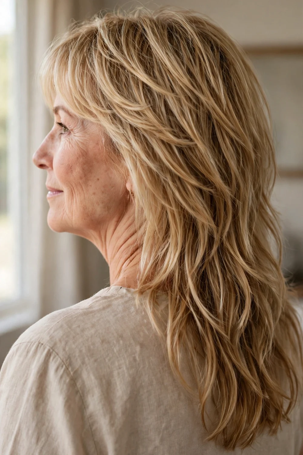 57-year-old Caucasian woman with honey blonde long hair with choppy layers, back view