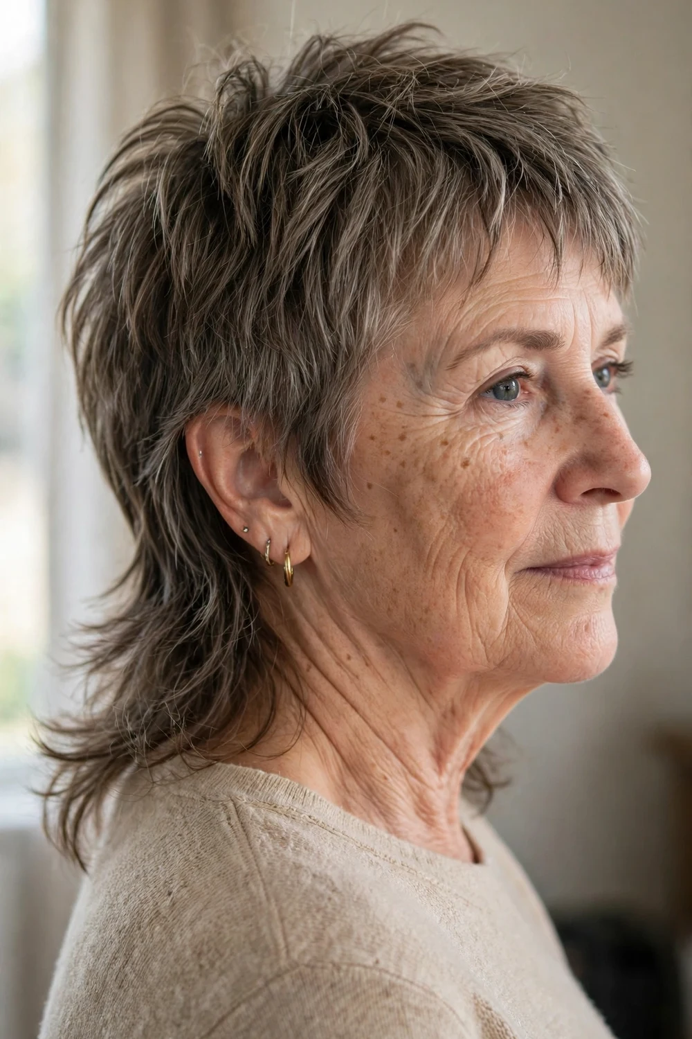 56-year-old Caucasian woman with ash brown choppy mixie haircut, side view