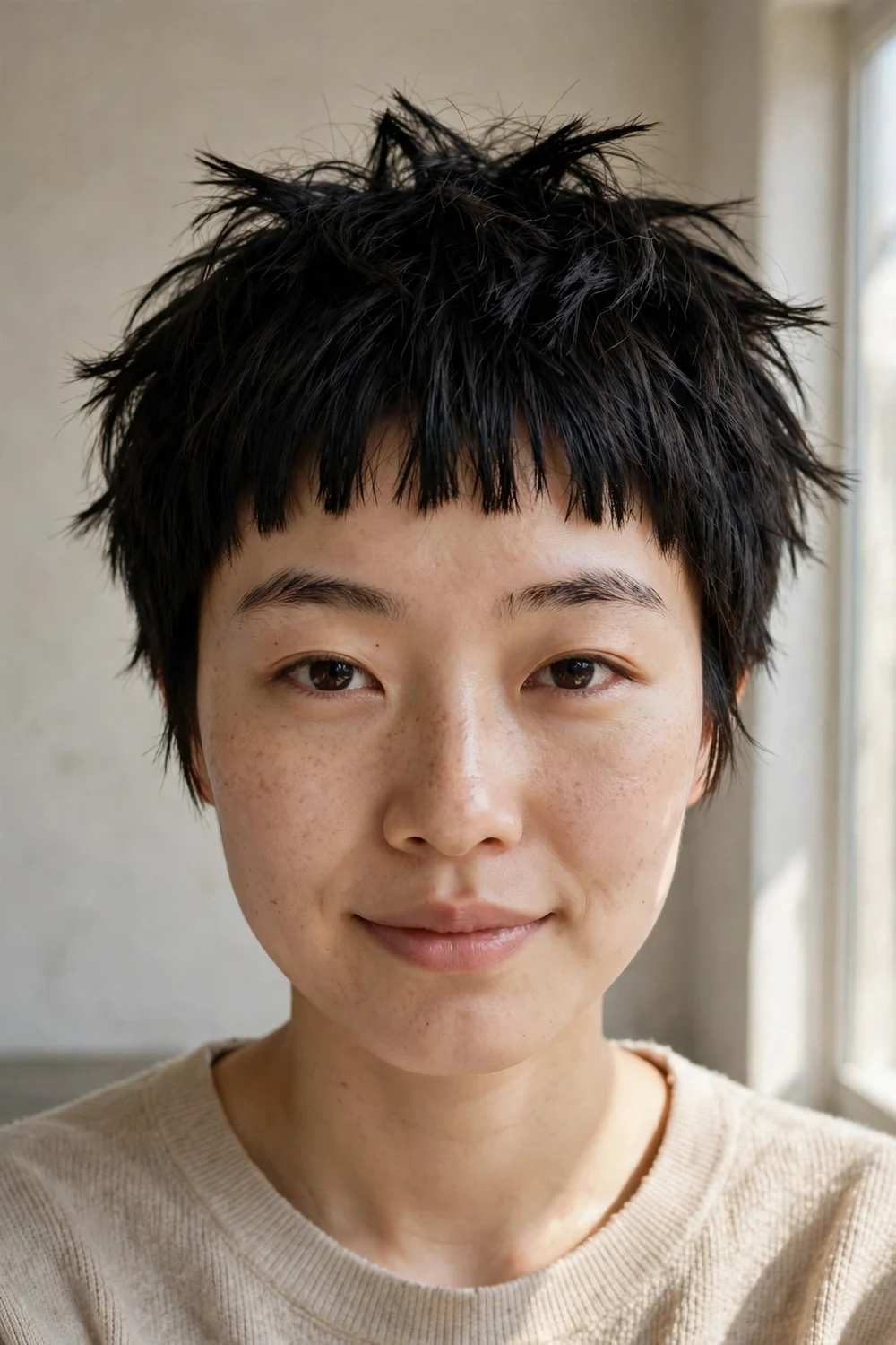 Choppy pixie with bold uneven baby bangs ending mid-forehead