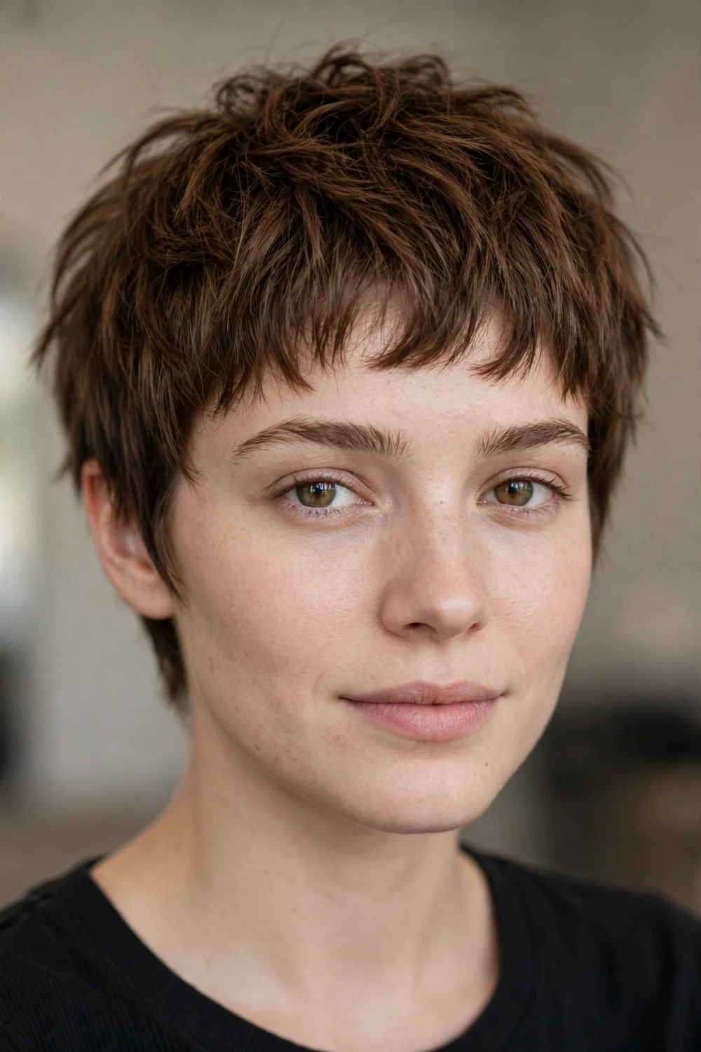 Choppy pixie with arched bangs