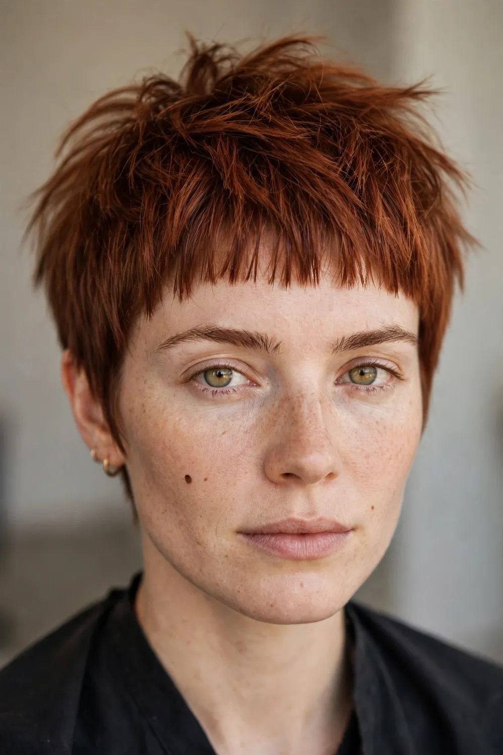 Choppy pixie with blunt micro bangs