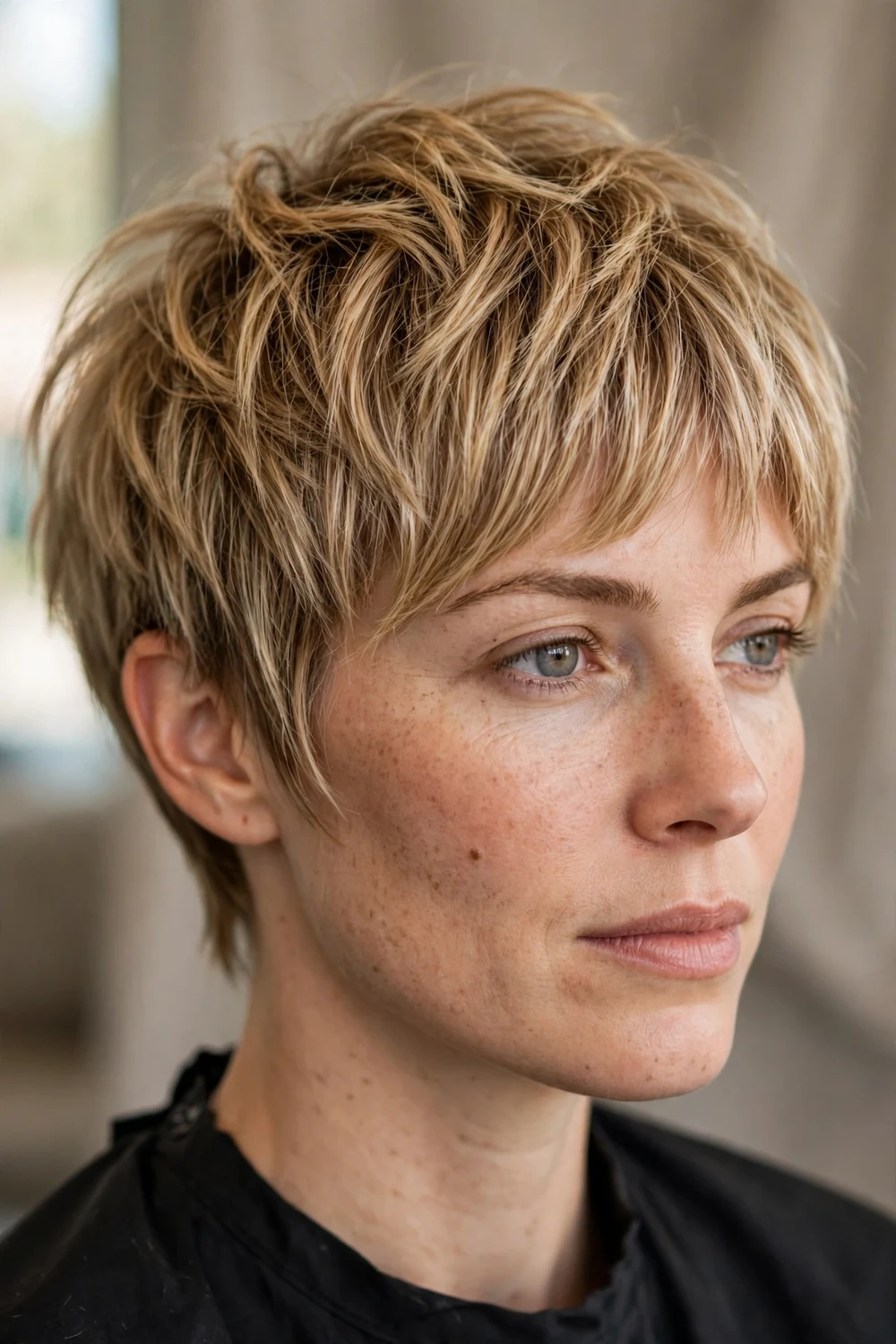 Choppy pixie with bottleneck bangs