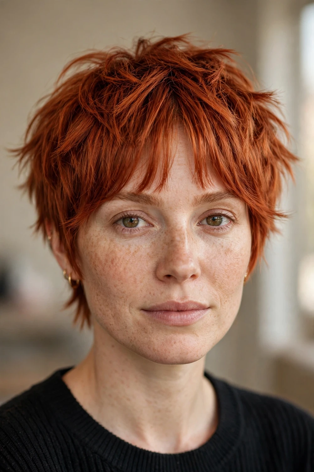 Copper choppy pixie with curtain bangs