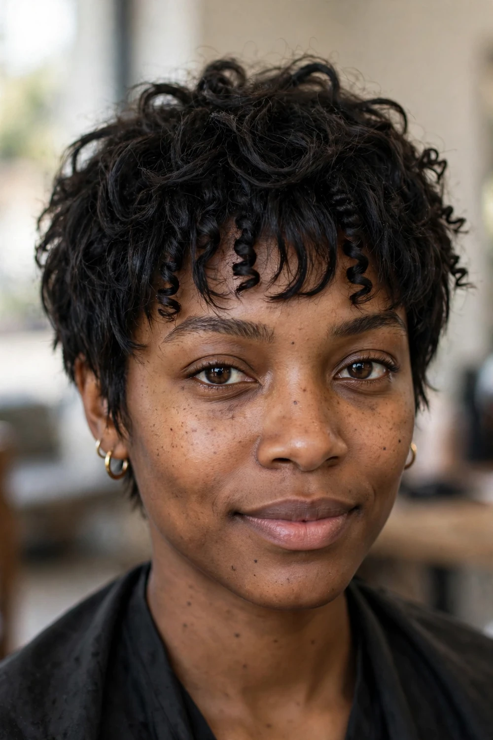 Choppy shag pixie with curly fringe