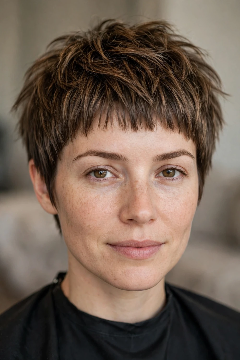 Feathered choppy pixie with baby bangs