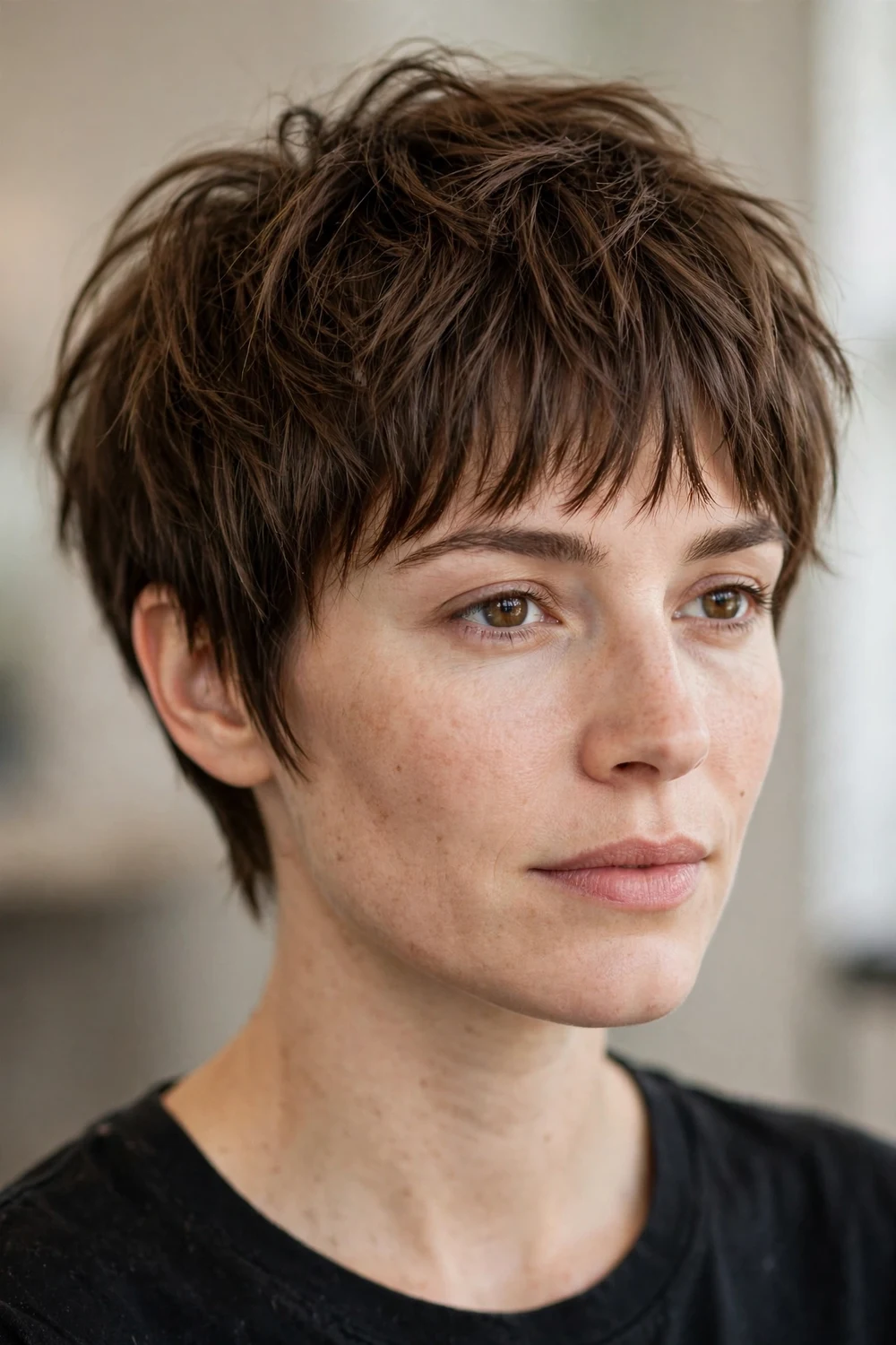 Choppy pixie with French bangs