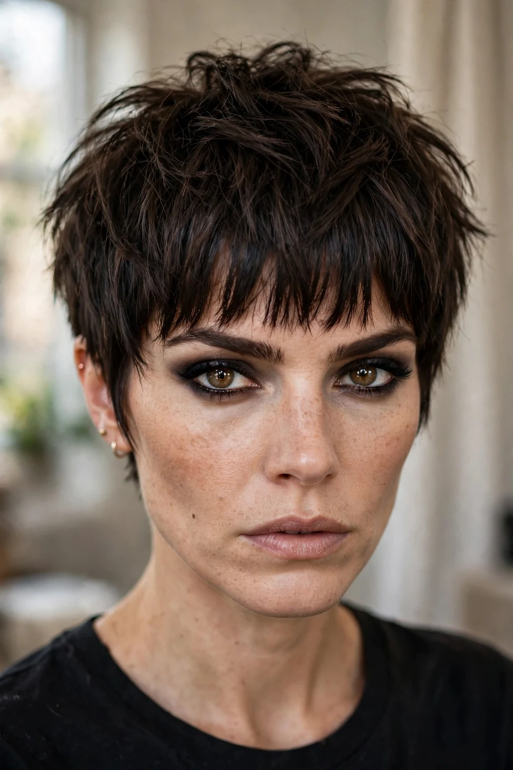 Choppy pixie with heavy brow-skimming bangs