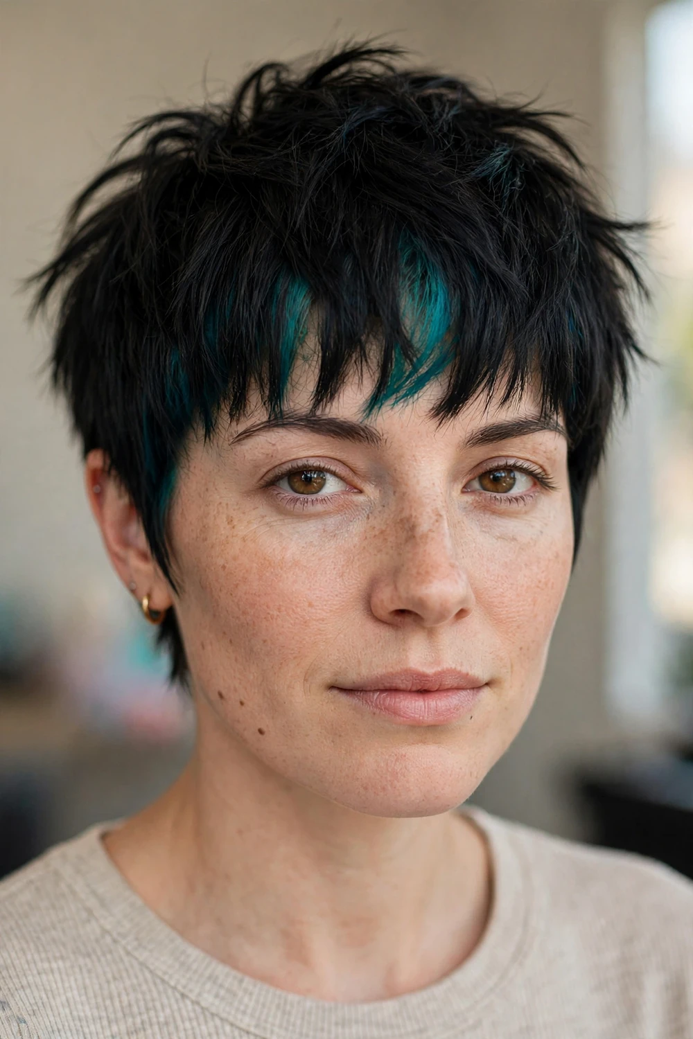 Choppy pixie with peekaboo color beneath the bangs