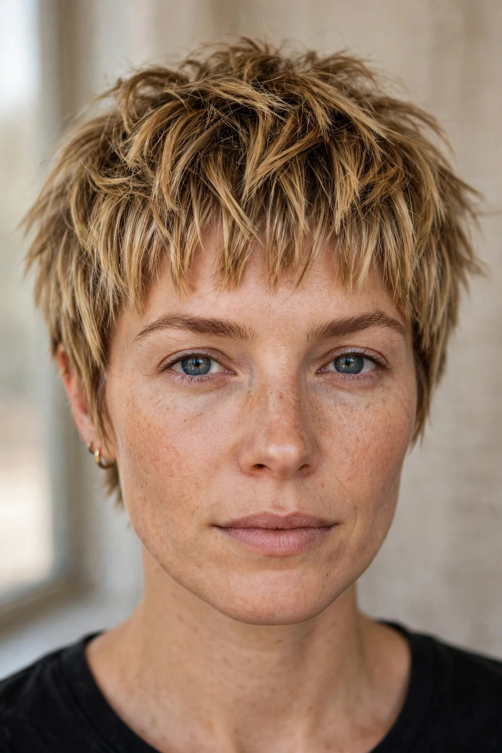 Choppy pixie with piece-y forehead bangs