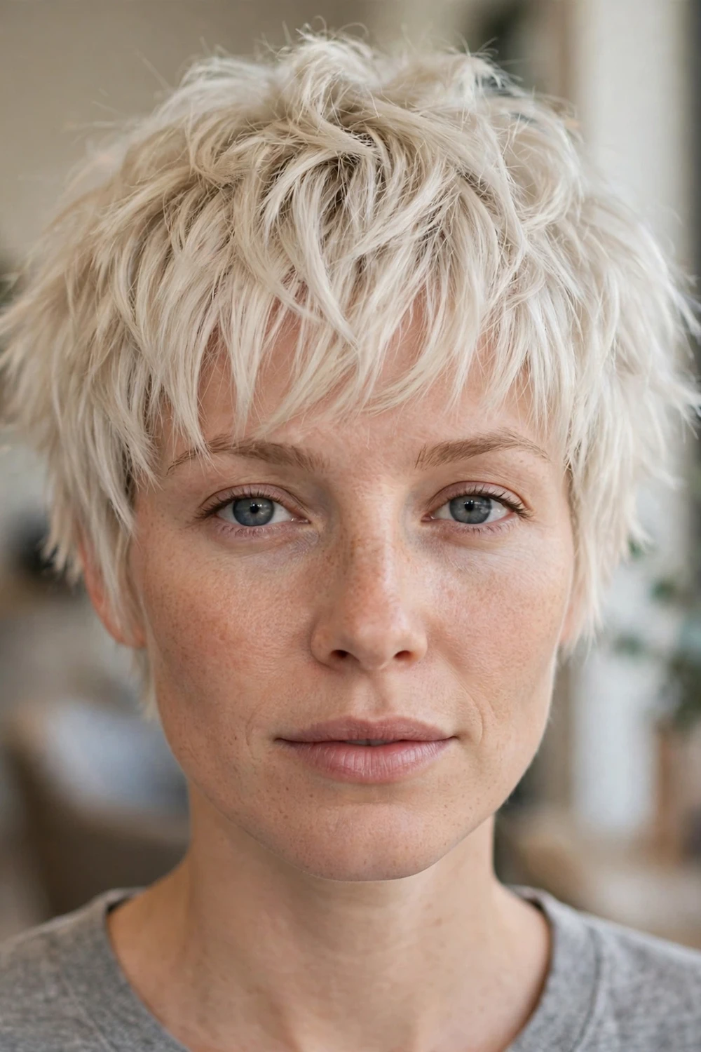 Platinum choppy pixie with wispy bangs