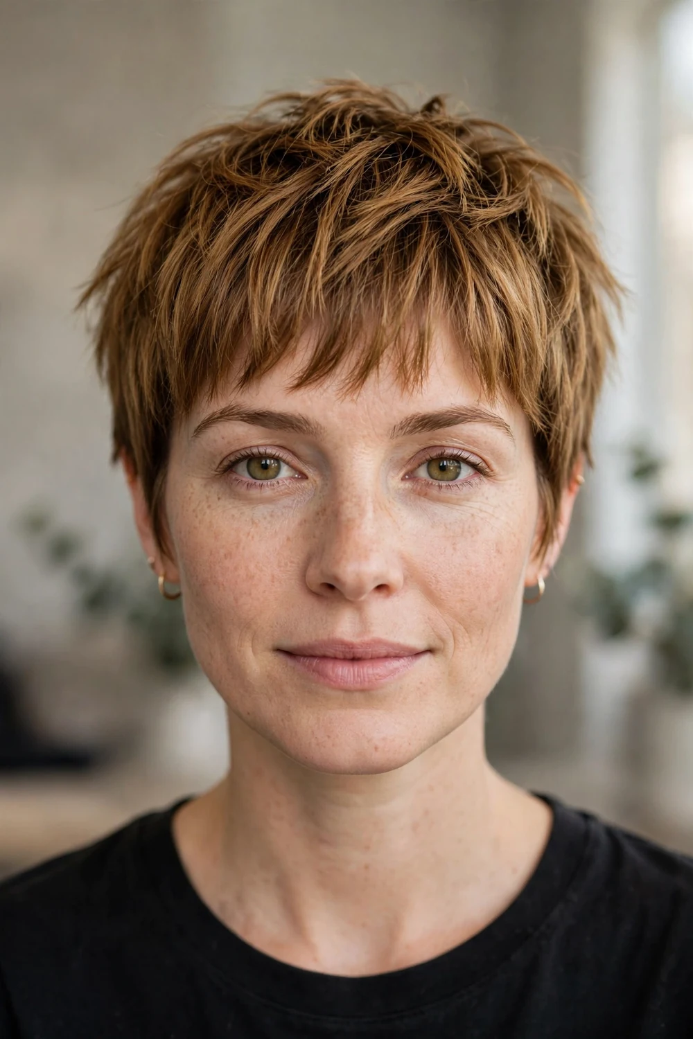 Choppy pixie with soft fringe bangs
