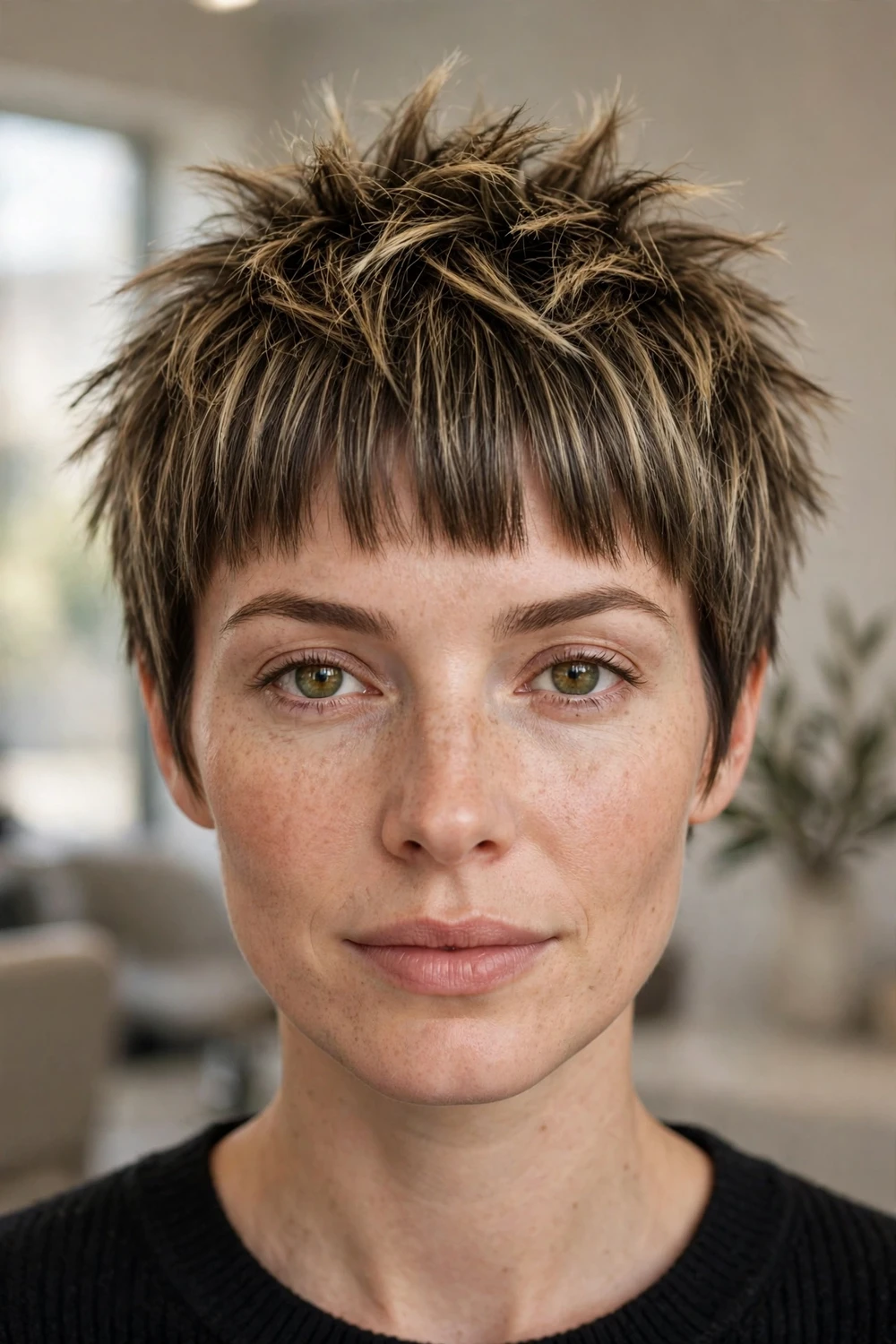 Choppy pixie with spiky crown and sleek straight bangs