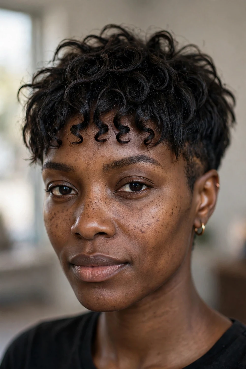 Choppy pixie with tapered natural bangs