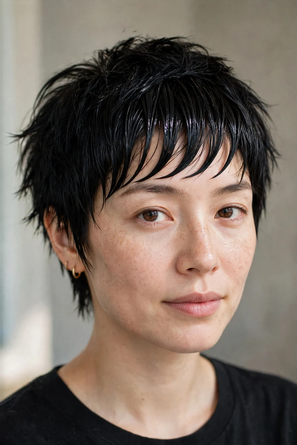 Choppy pixie with wet-look bangs