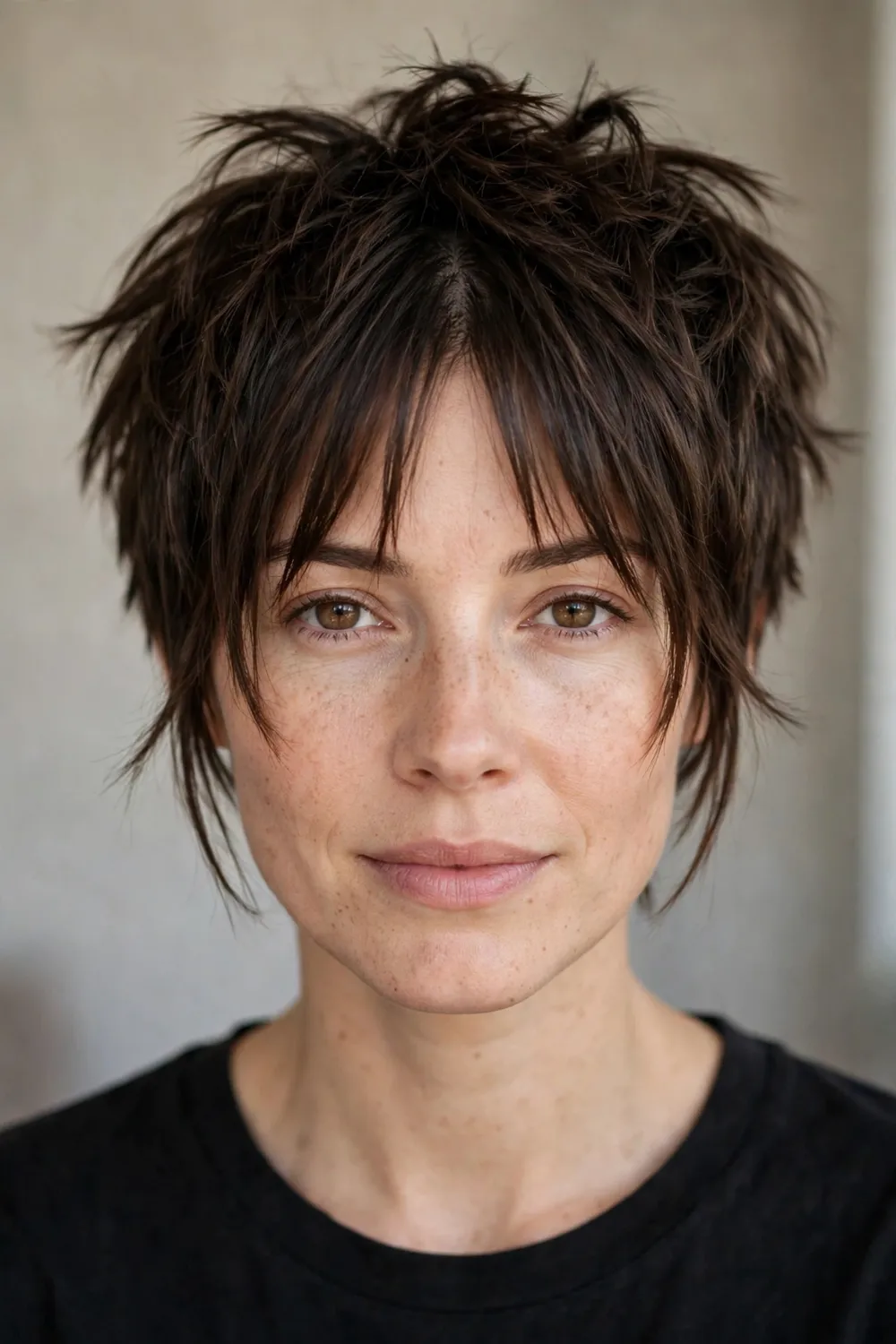 Choppy pixie with wispy curtain bangs