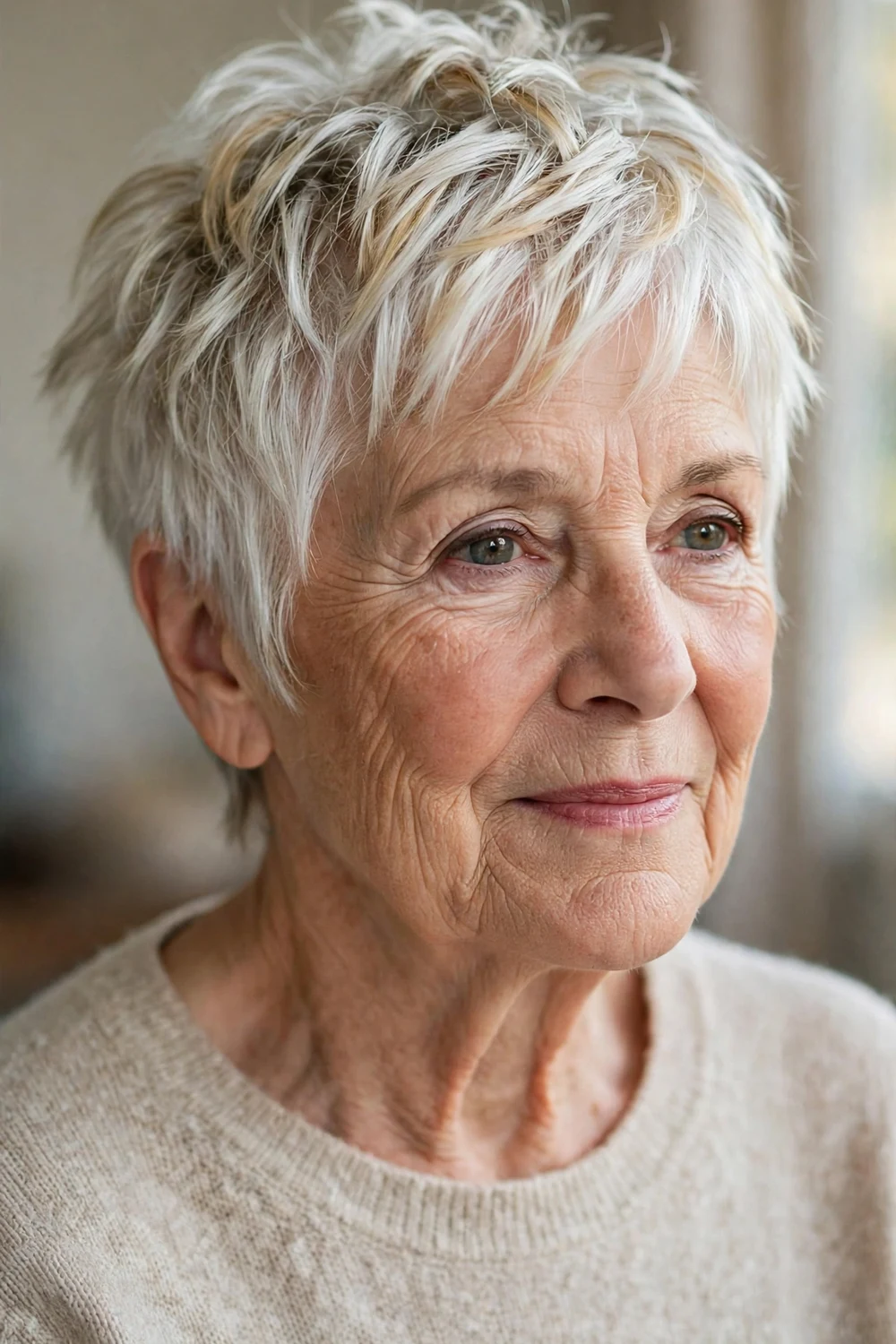 66-year-old Caucasian woman with white choppy pixie and blonde highlights, front view